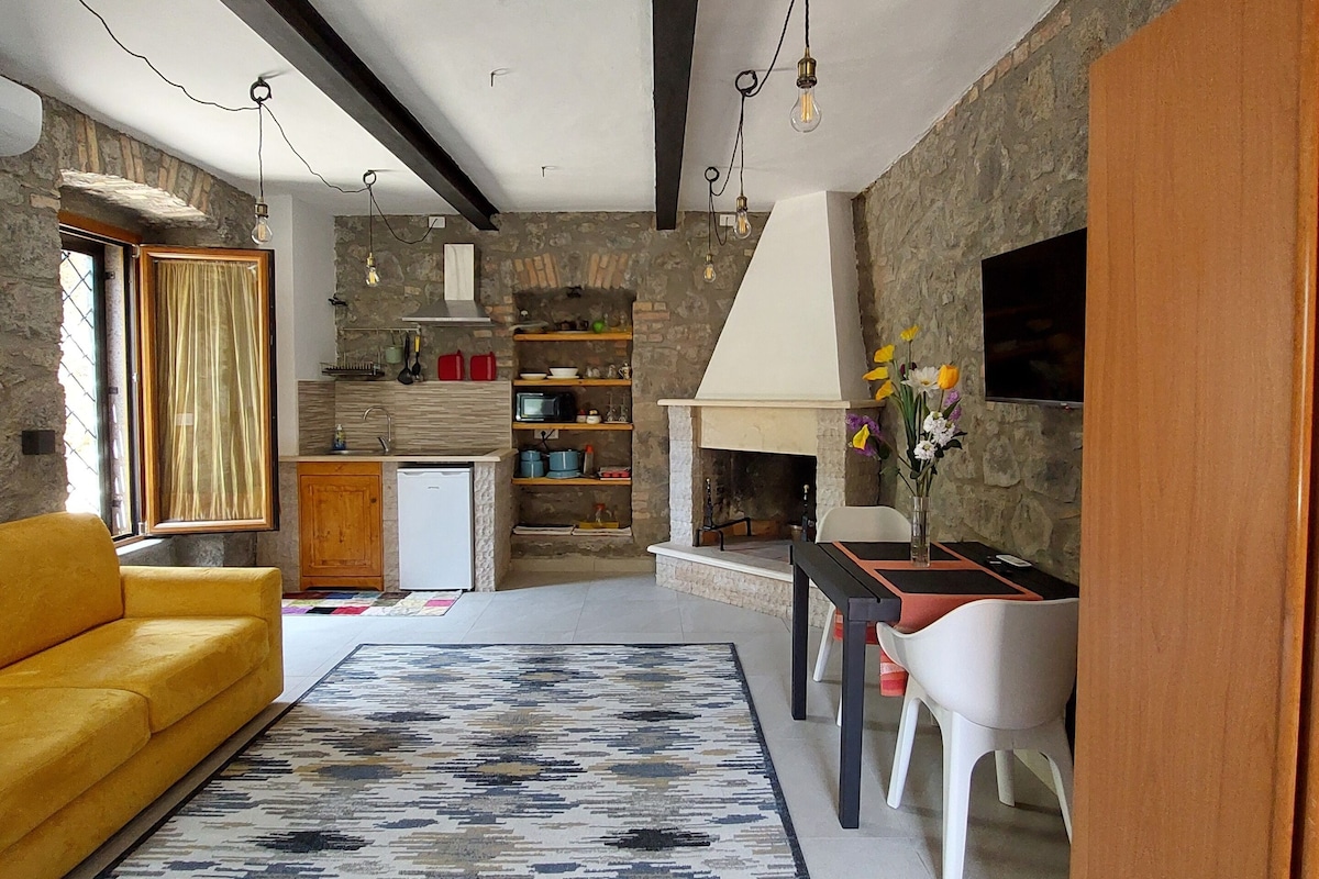 Amplia sala de estar con sofá amarillo, alfombra estampada, chimenea y pared de piedra.