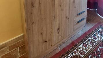 A wooden wardrobe with two doors, a patterned rug, and two framed paintings on the wall.