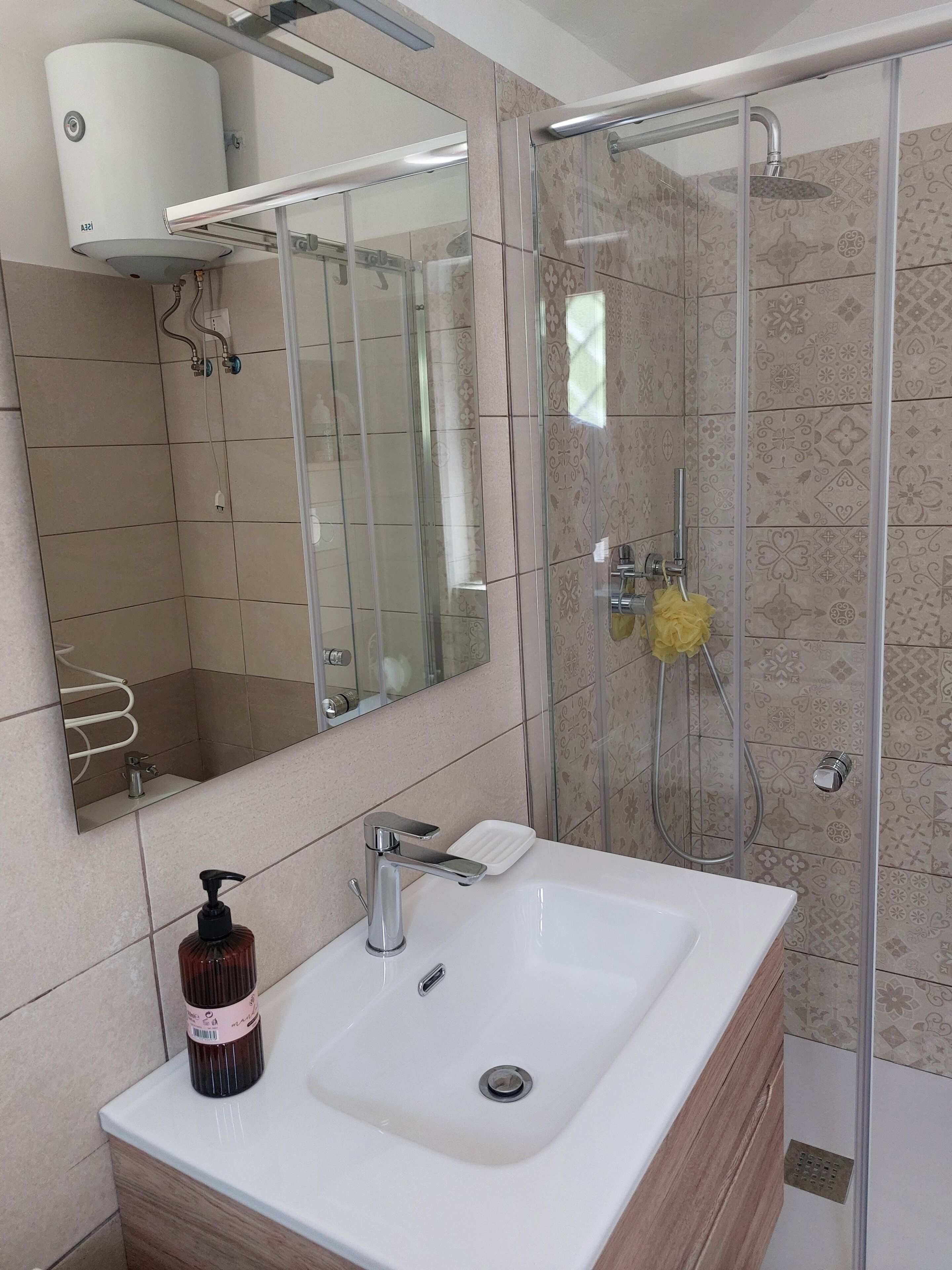 A modern bathroom with a large mirror, a white sink, a handheld showerhead, and a toilet paper holder.