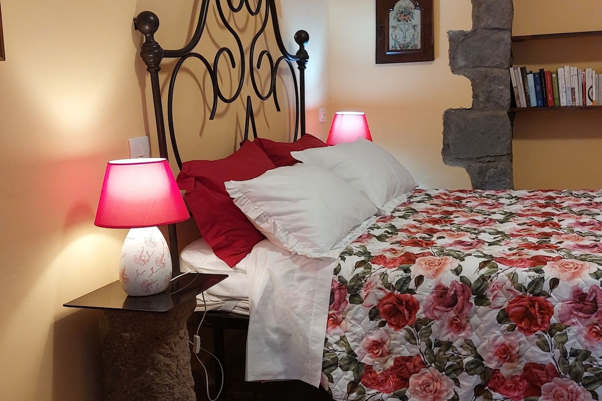 Un dormitorio con cama, dos lámparas de noche, almohada roja, colcha con estampado floral, pared de piedra, estantería y alfombra estampada.