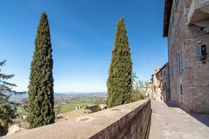 A stone wall with two tall cypress trees, a clear blue sky, and a distant view of a town.