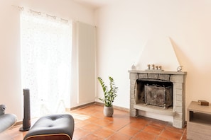 Una sala de estar con chimenea, un radiador, una planta en maceta y un sofá.