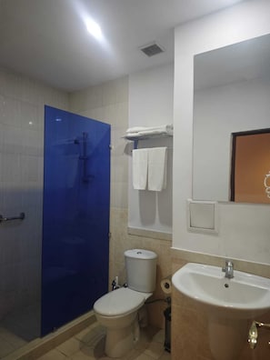 A bathroom with a blue shower enclosure, a toilet, a sink, and a mirror. - Canyon Hills Hotel (Yerevan)
