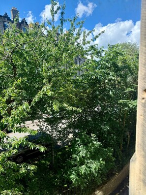 A view of a tree-lined street with a building in the background. - Leafy Marchmont 2-Bed · Meadows · City Centre (Edinburgh)