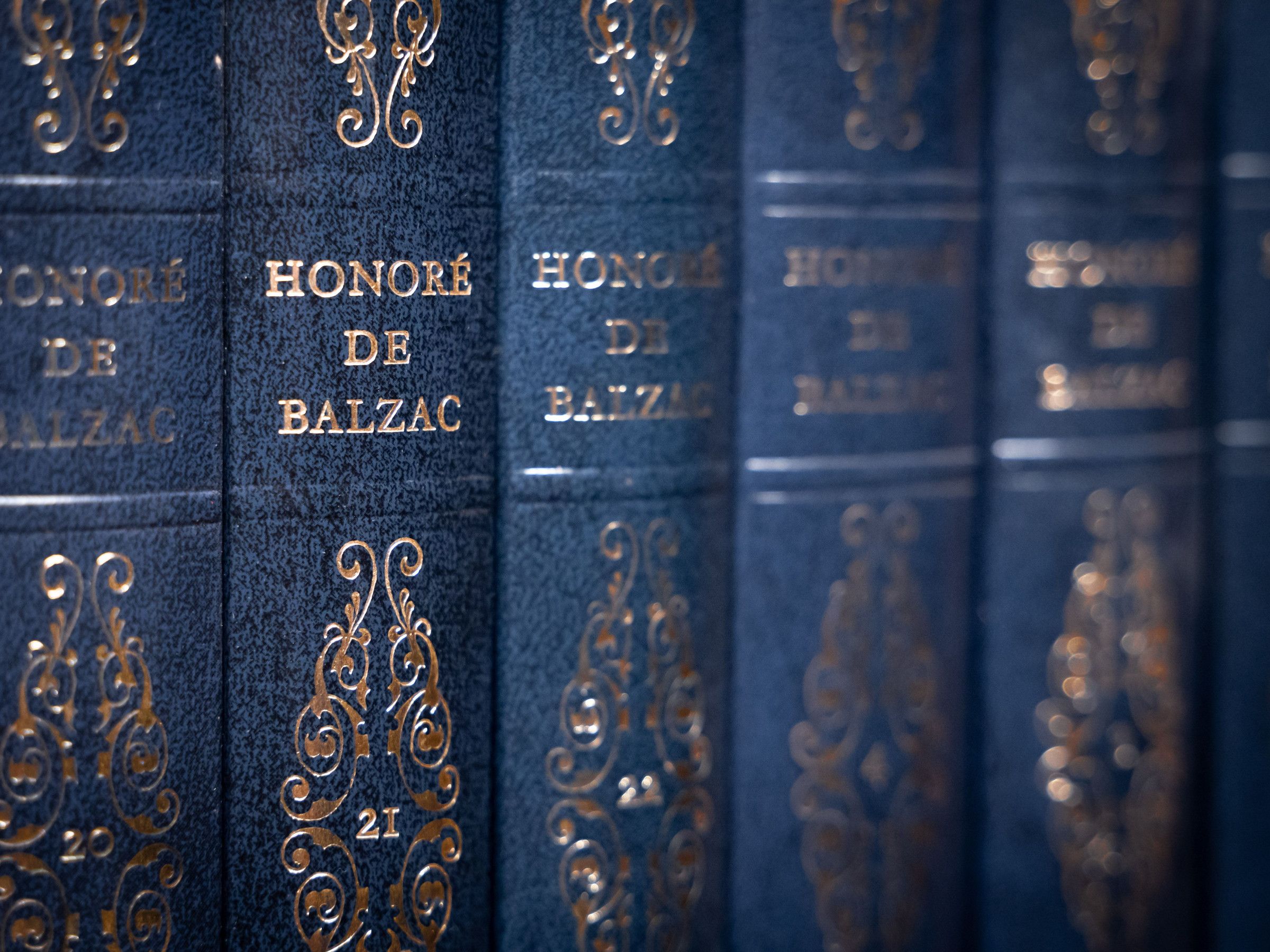 Eine Reihe dunkelblauer Bücher mit goldener Prägung und dekorativen Elementen.