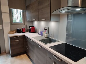 A modern kitchen with dark wooden cabinets, a black induction cooktop, a stainless steel range hood, and a window providing natural light. - Central T2 with garden, ideal - ? guests (La Roche-Posay)