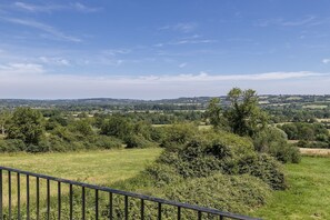 Ländliche Landschaft mit blauem Himmel, sanften Hügeln und vielfältiger Vegetation.