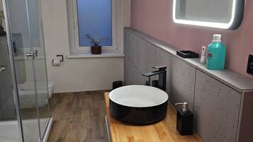Shower, hair dryer, towels, soap