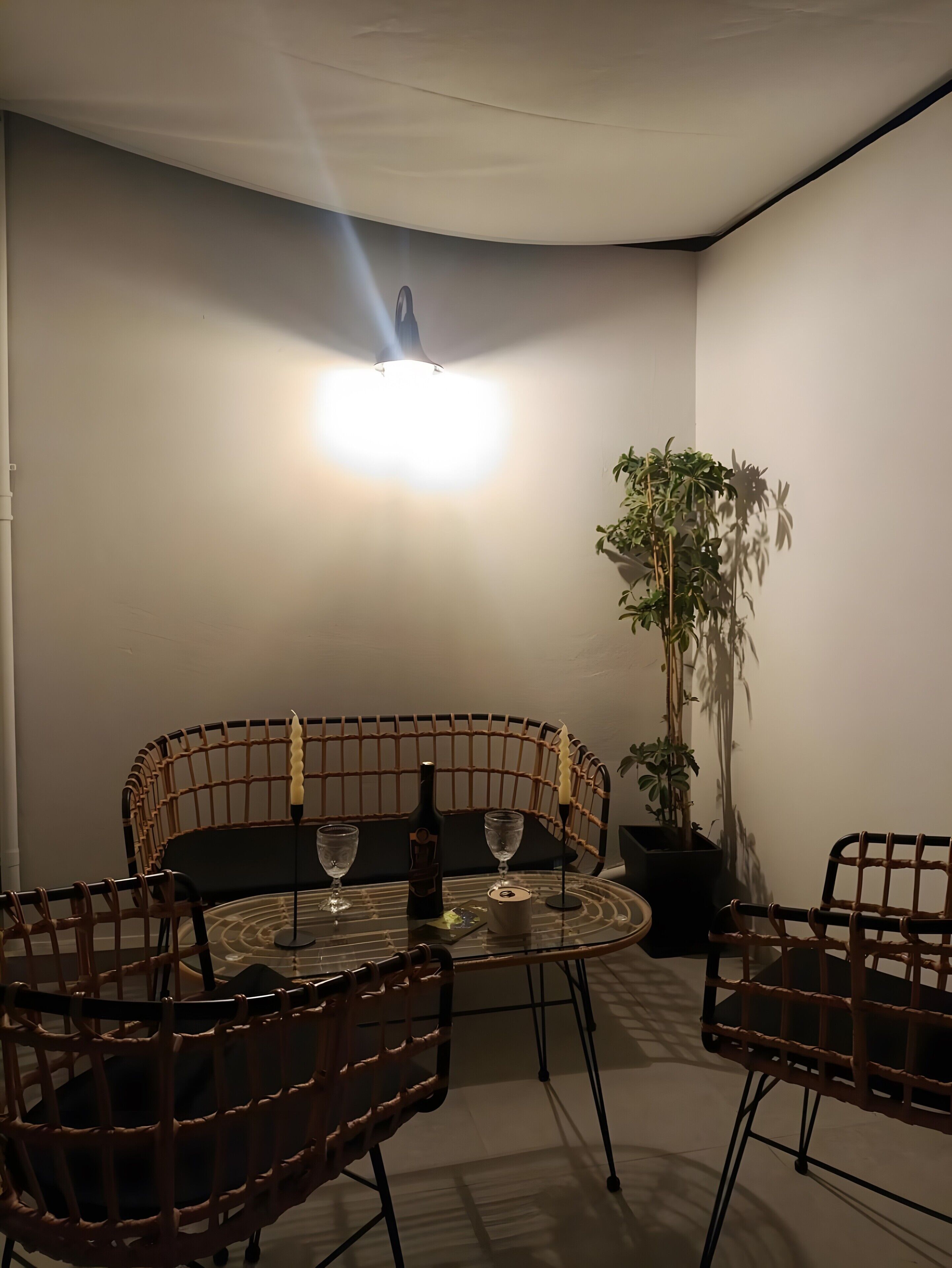 Ein Zimmer mit einem runden Glastisch, zwei Stühlen, einer Topfpflanze und einer Deckenleuchte.