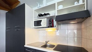 A modern kitchen with a built-in microwave, a stainless steel sink, and a dishwasher. - Cozy duplex near slopes - 8 guests (Les Orres)