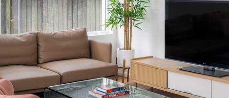 A living room with a brown sofa, a glass coffee table with books, a bamboo plant, and a flat-screen TV on a wooden stand.