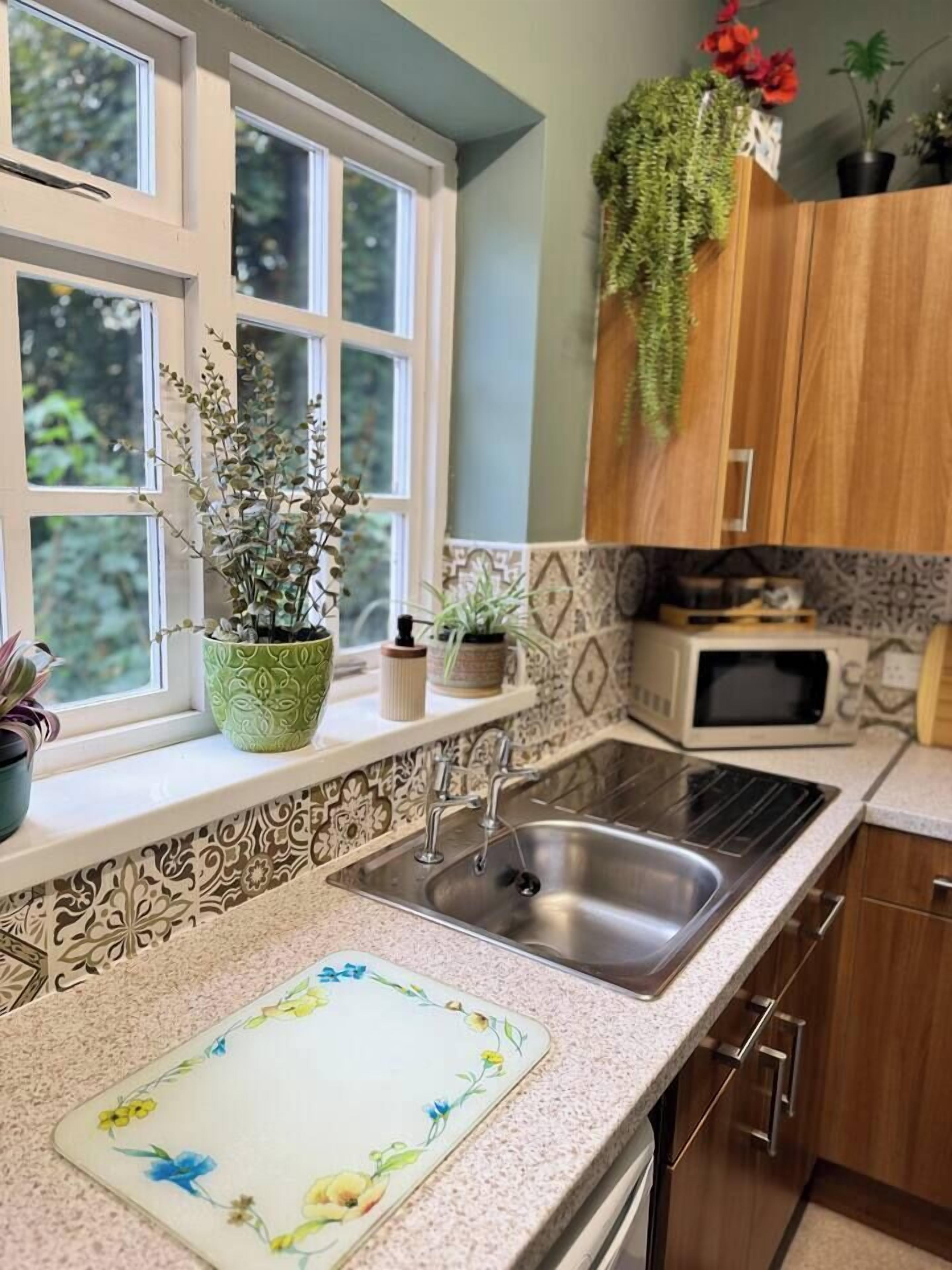 A kitchen with a double sink, a microwave, and a window with potted plants.
