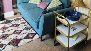 A living room with a blue sofa, patterned rug, wall-mounted pictures, a hanging plant, and a gold-framed side table with a bowl and remote control. - #07 Edwardian Terrace in Royal Sutton NEC BHX (Birmingham)