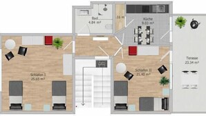 A hotel layout with two bedrooms, a kitchen, a bathroom, and a terrace. - Cozy vacation rental for workers: Sleeps 4, 2 bedrooms, kitchen, bathroom, balcony (Hopsten)