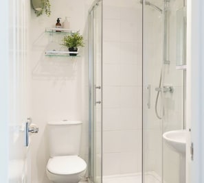 Hair dryer, towels, soap, shampoo