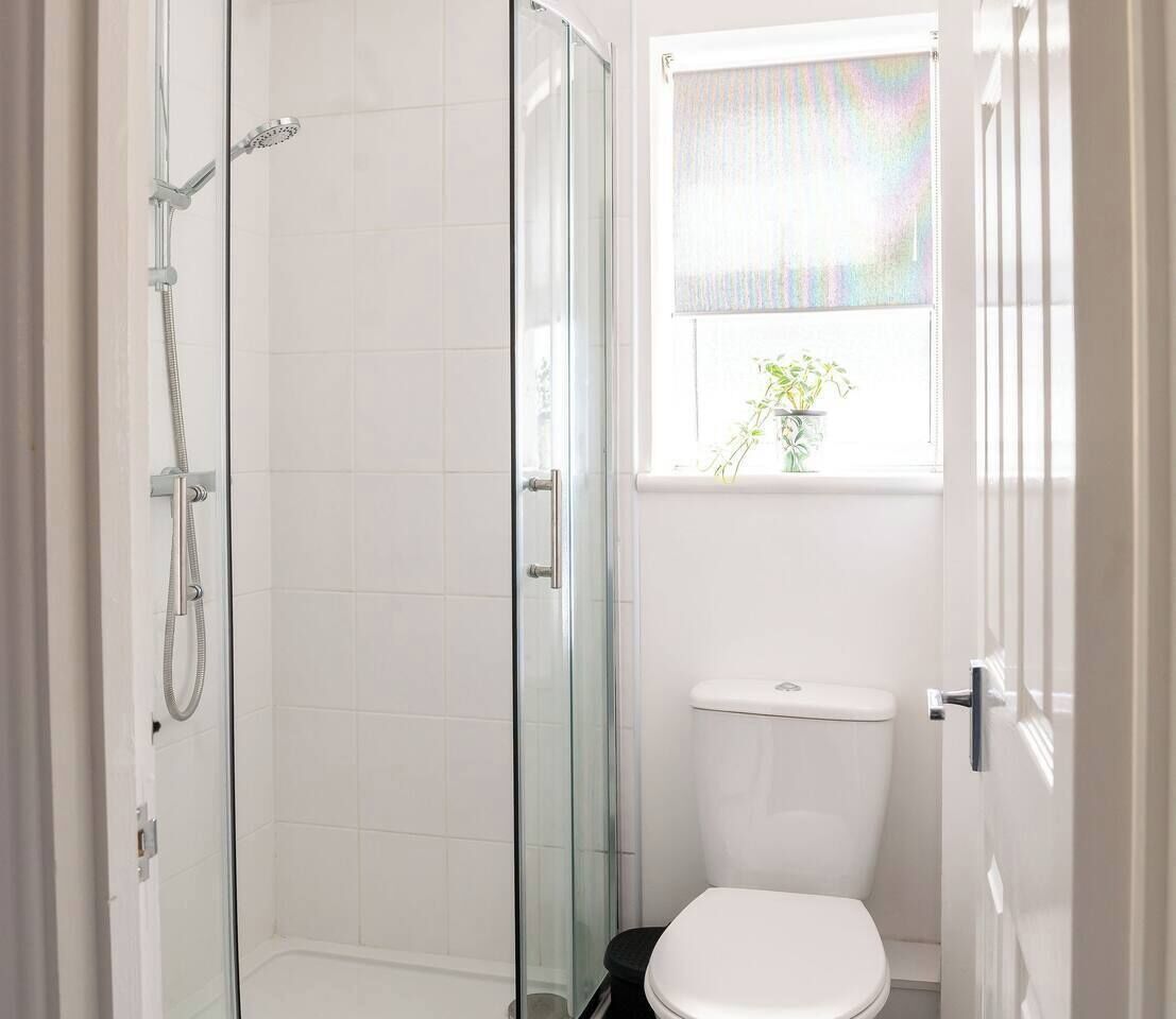 A bathroom with a glass-enclosed shower, a toilet, and a window with a plant.