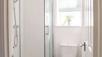 A bathroom with a glass-enclosed shower, a toilet, and a window with a plant.