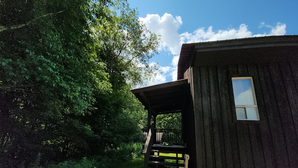A rustic wooden cabin with a porch, surrounded by dense foliage.