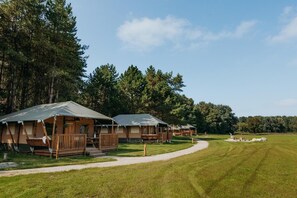 A row of wooden cabins with attached porches, surrounded by a grassy field and dense trees. - De Glamping - Glamping Lodge | Sleeps 6 (Zeewolde)