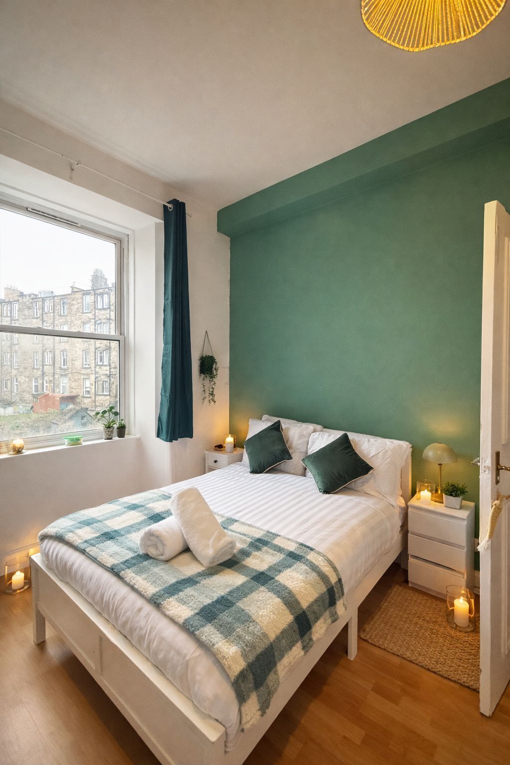 A bedroom with a bed, bedside tables, a window with curtains, and a view of buildings outside.