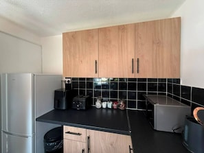 Frigorífico, microondas, horno y placa de cocina