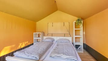 Een compacte, eenpersoonskamer met twee bedden, een kast en een hangplant.