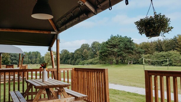 Une terrasse extérieure en bois, avec une table de pique-nique, des guirlandes lumineuses et un pot de fleurs suspendu.