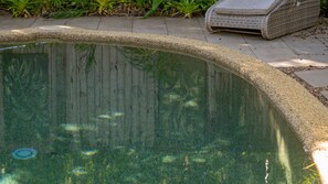 A swimming pool with a stone edge, surrounded by a garden with plants and a wicker chair.