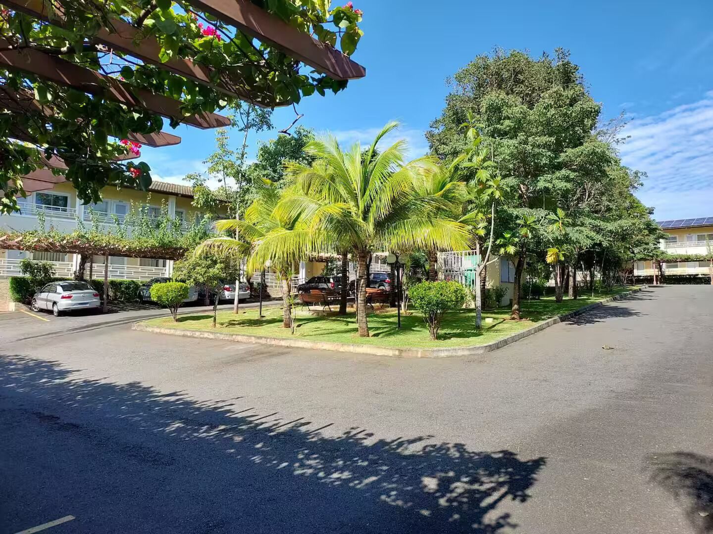 Une rue résidentielle bordée de voitures garées, de palmiers et de maisons.