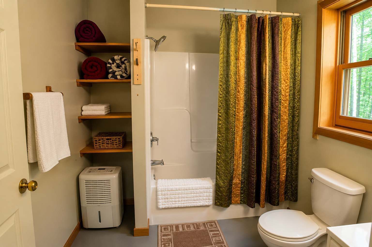 A bathroom with a shower, toilet, and a window.
