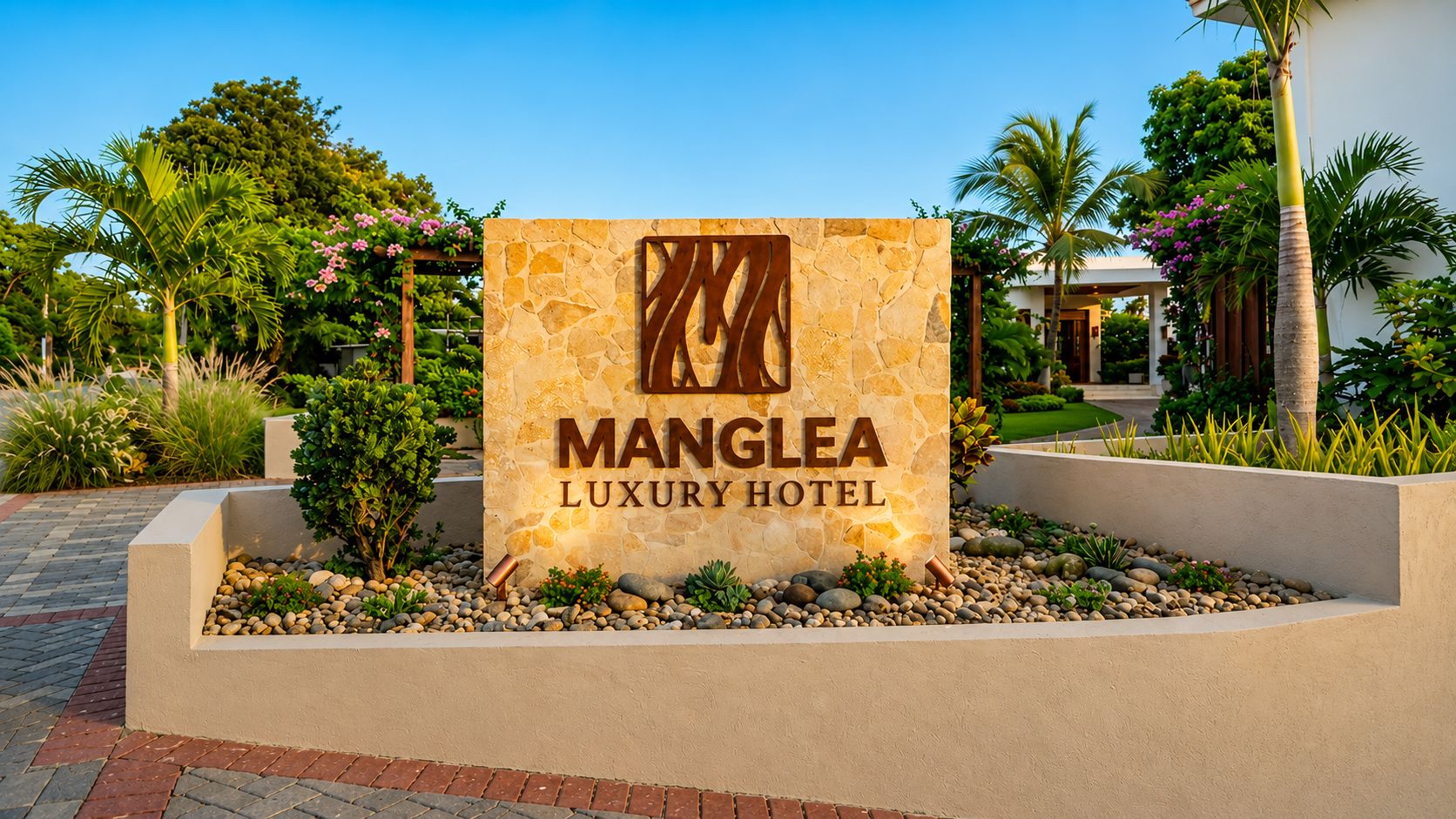 Une enseigne pour l’hôtel de luxe Manglea, avec une façade en pierre et un logo.