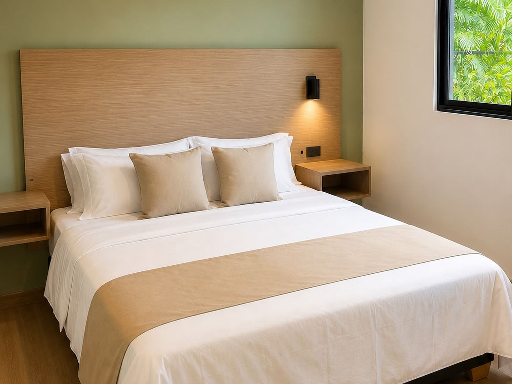 Una cama con cabecera de madera, ropa de cama blanca y dos mesitas de noche con lámparas.