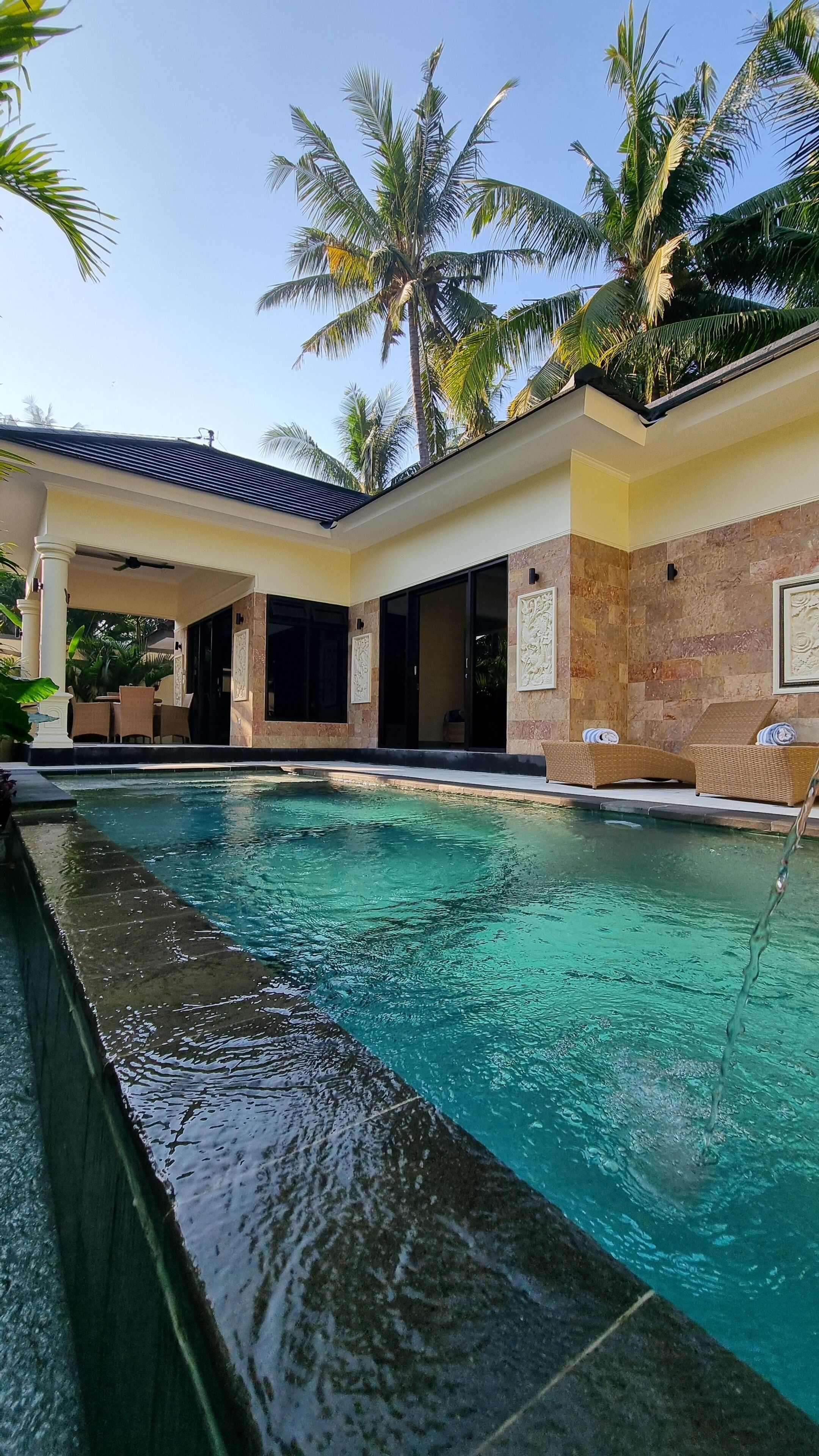 A swimming pool with a clear blue water, surrounded by a covered area with wicker furniture and palm trees.