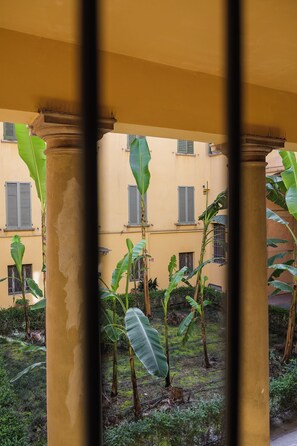 Ein Innenhof mit gelben Gebäuden, grünen Fensterläden und Bananenpflanzen.