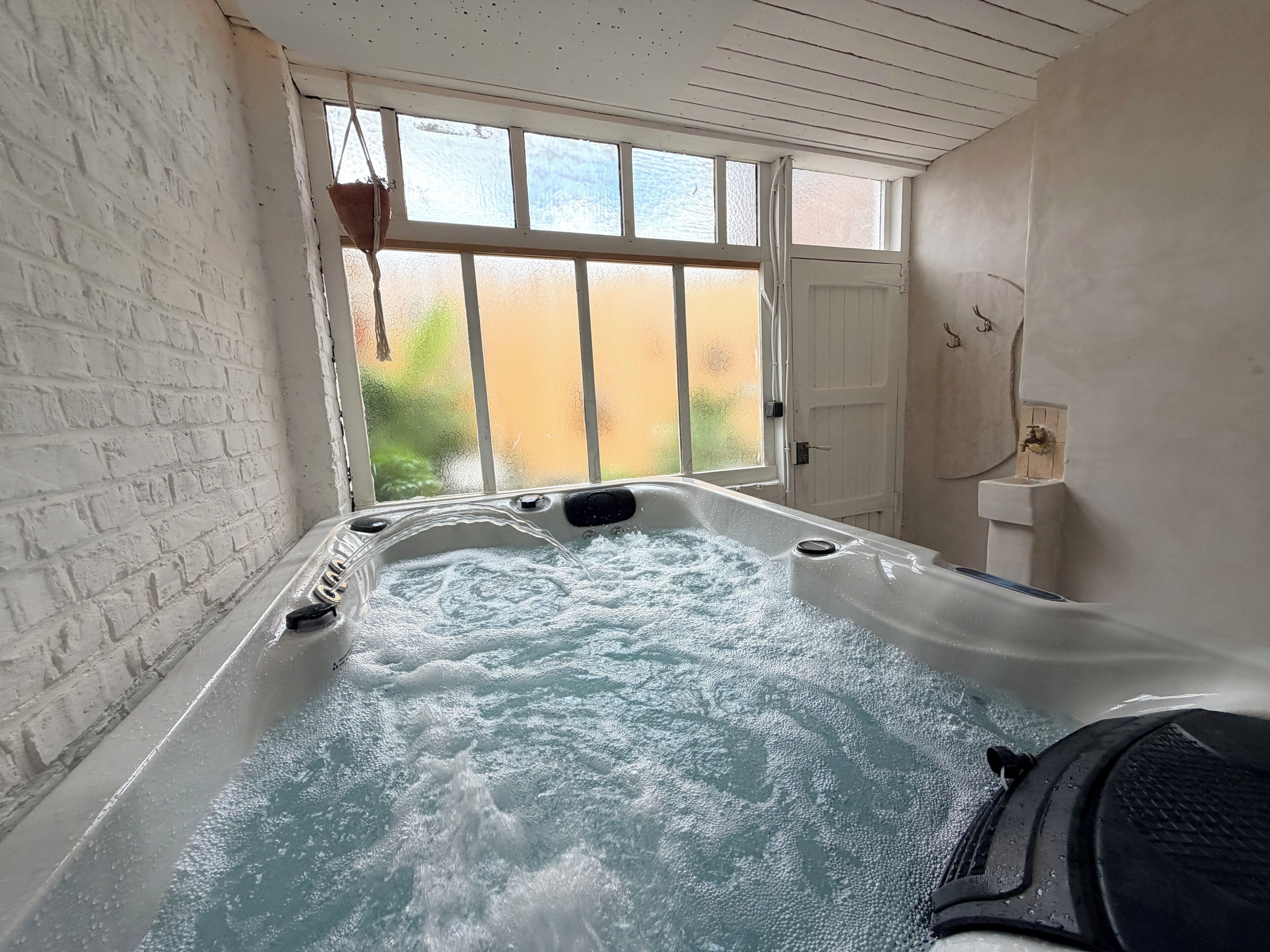 A hot tub with a view of a garden through a window.