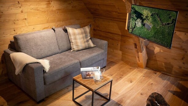 A cozy wooden cabin interior with a gray sofa, a small table, and a mounted television displaying a landscape. - Black Forest Chalet - Wilde Rench - "Red Kite" (Bad Peterstal-Griesbach)