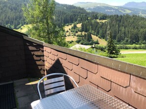 Ein Balkon mit einem Metalltisch und Stuhl, mit Blick auf ein bewaldetes Tal unter blauem Himmel.