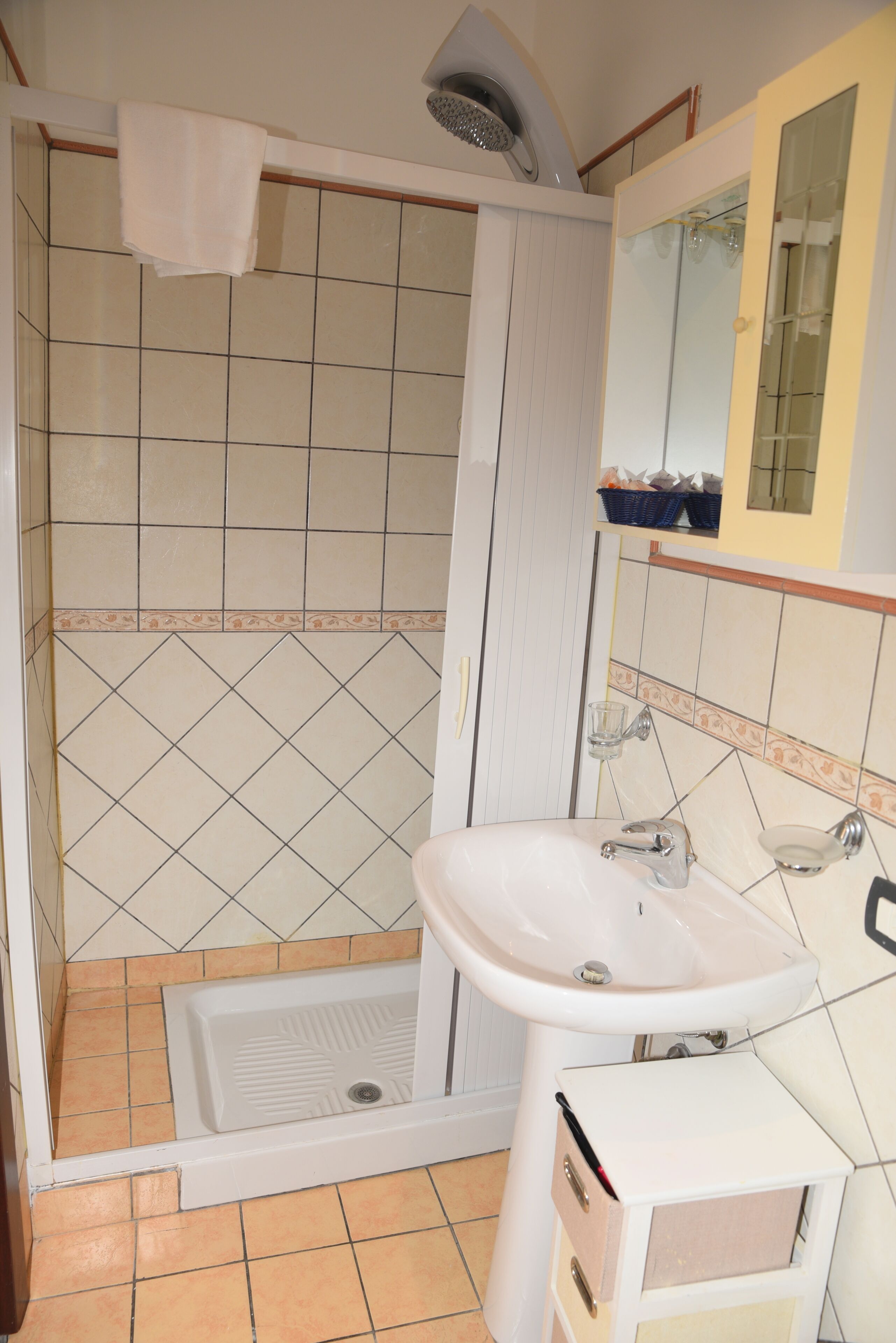 Ein Badezimmer mit Dusche, Waschbecken und Spiegel.