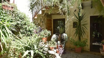 Un cortile con diverse piante in vaso, un muro in pietra e una scala in legno.