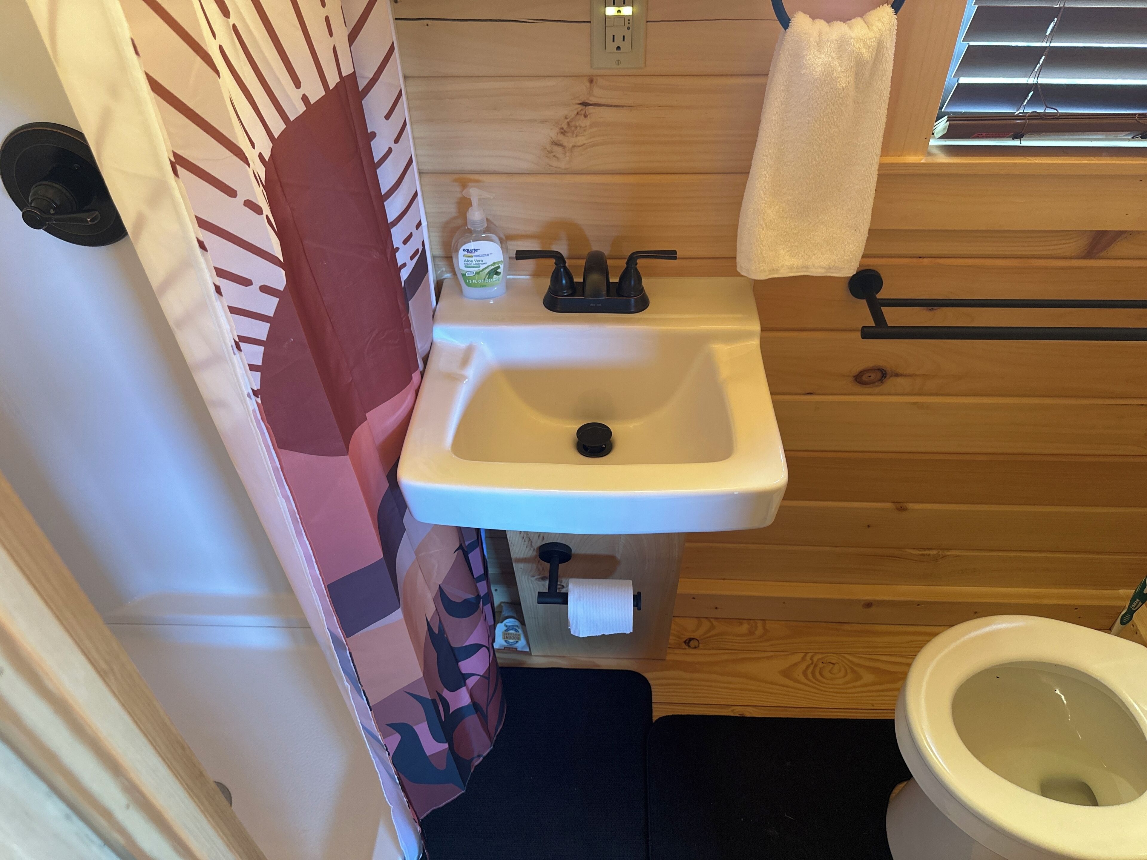 Shower, towels, soap, toilet paper