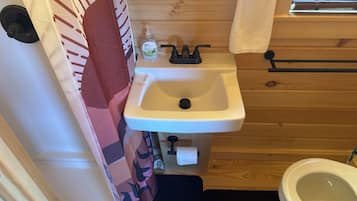Shower, towels, soap, toilet paper