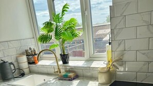 A kitchen with a window, a sink, a stove, cabinets, and a potted plant. - The Nook in Rye Town Centre (East Sussex)