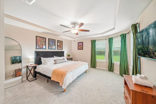 A bedroom with a bed, a ceiling fan, a TV, a mirror, and a painting on the wall.