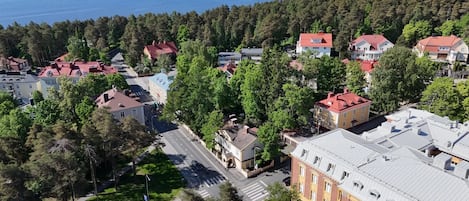An aerial view of a residential area with houses, a road, and a lake in the background.