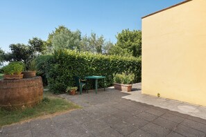 En belagt gårdsplads med et grønt bord og stol, omgivet af frodig beplantning og en gul mur.