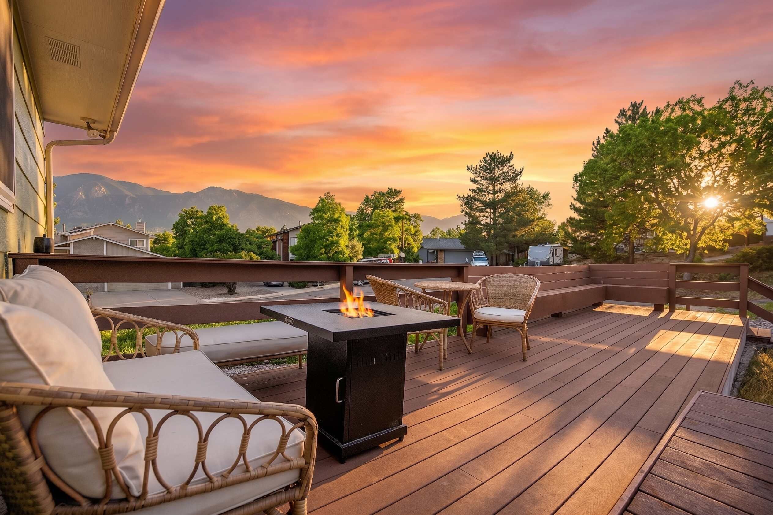 Eine Terrasse im Freien mit Feuerschale, Korbmöbeln und Blick auf Berge.