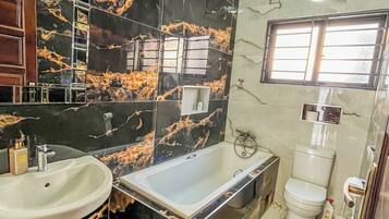 Shower, towels, soap, shampoo
