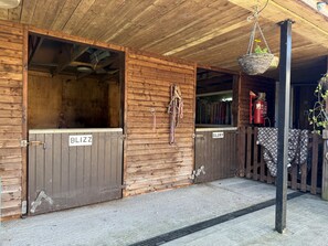 A wooden stable with two doors labeled 'BLIZZ' and 'GLORY'. - The Pepper Pot - Niton, Isle of Wight (Niton)
