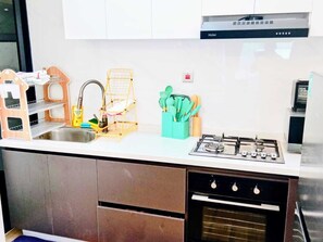 Una cocina con estufa a gas, un fregadero, escurreplatos y especiero.