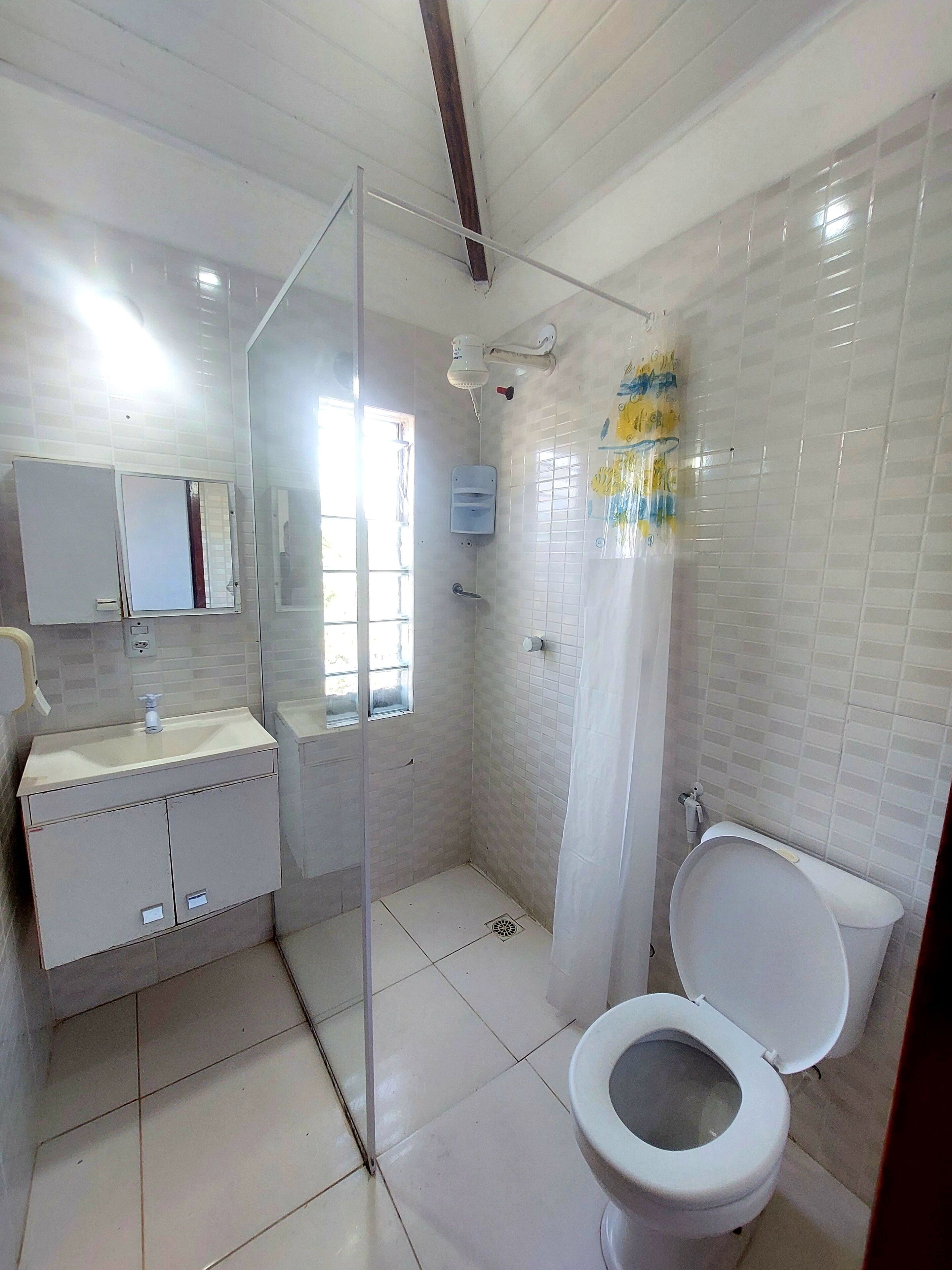 Un baño con inodoro, lavamanos, ducha y espejo.